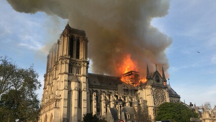 Notre-Dame de Paris en flammes - obrazy, fototapety, plakaty