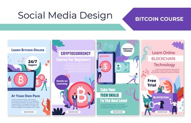 Fototapeta na wymiar Social media design set for online bitcoin course