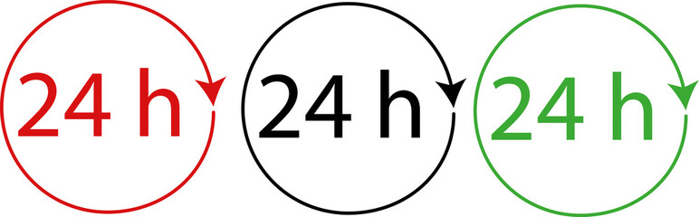 24 hours, sign around the clock, logo, sign,  pointer, symbol in black, red and green.
