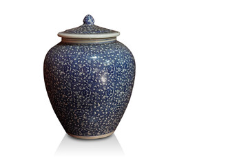antique blue and white ceramic vase and lid on white background, object, decor, vintage, copy space