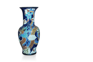 beautiful blue ceramic vase on white background, object, retro, vintage, copy space