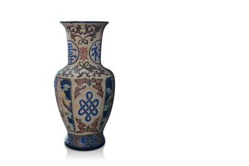 beautiful cream and blue ceramic vase on white background, object, decor, vintage, retro, copy space