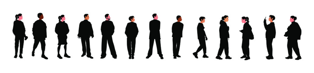 Set of vector silhouettes of men and a women, a group of standing business people, black color isolated on white background	