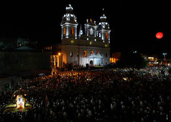 Crowd gathered in front of Catedral da Sé by night during the festivities of Círio de Nazaré, a...