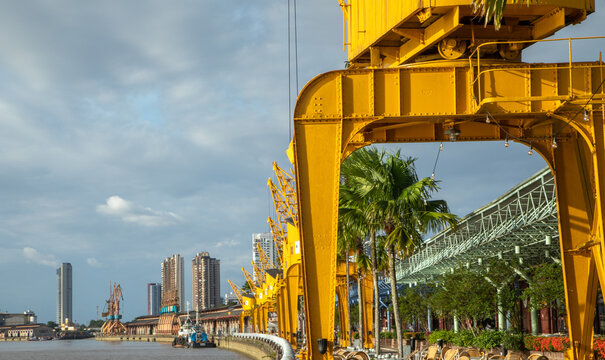 Old port cranes at Esta&ccedil;&atilde;o das Docas, riverside warehouses converted into hub that houses restaurants, bars and shops. Important tourist attraction in Bel&eacute;m do Par&aacute;, Amazon, North Brazil.