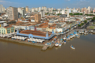 Aerial view of city skyline and Ver-o-Peso Market,  colonial era building and important tourist...