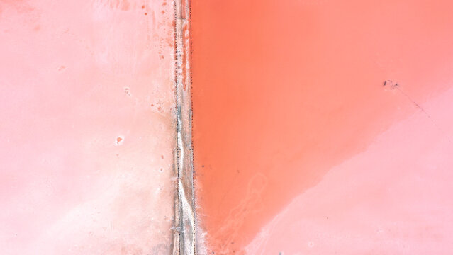 Aerial view of salt lake with pink water, lagoon Sivash, Ukraine, recreation place. Lake naturally turns pink due to salts and small crustacean Artemia in the water.