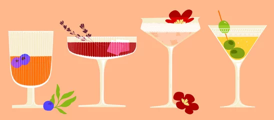 Foto op Plexiglas Set of cocktails. Drinks in different types of vintage glasses. Vector illustration of summer cocktails © yalynaryda