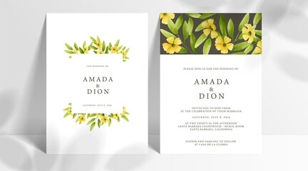 Minimal wedding invitation card set template with yellow flowers and leaves watercolor in white background