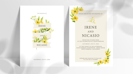 Minimal wedding invitation card set template with yellow flowers and leaves watercolor in white background