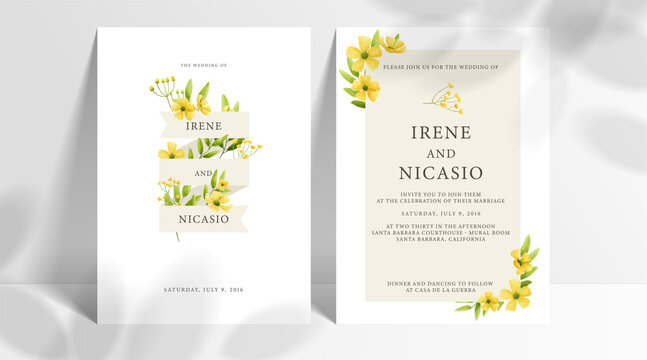 Minimal Wedding Invitation Card Set Template With Yellow Flowers And Leaves Watercolor In White Background