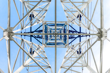 High voltage power lines. Structure of electrical tower. Seen from below