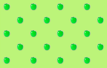 Green apple fruits on a green background seamless texture. Template for designing designs and illustrations. Seamless pattern with green apples. Fruit background, apple pattern.