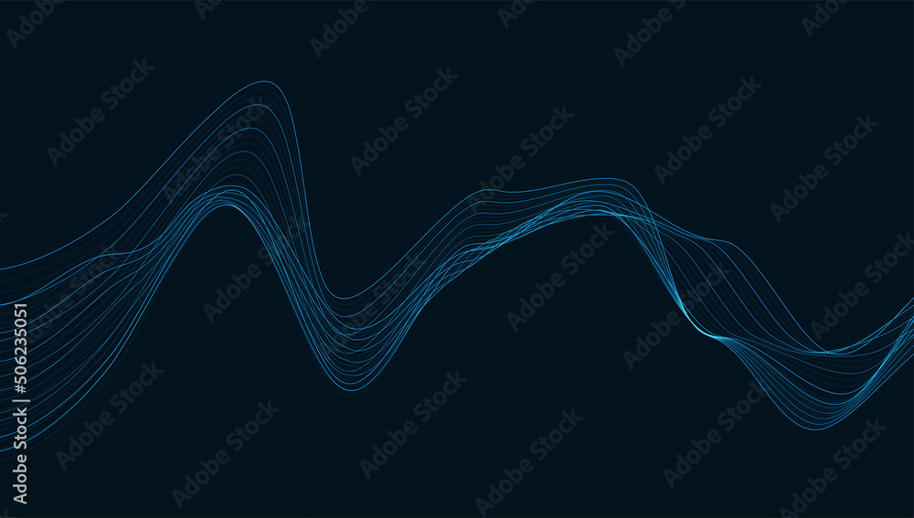 Poster dynamic particles sound wave flowing. sound wave background.