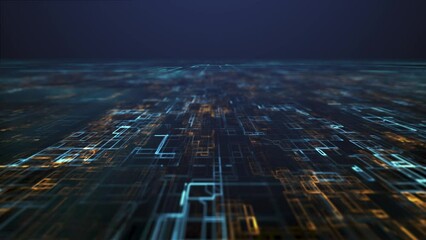 Flying over a futuristic printed circuit board, in the process of digital processing and complex algorithmic calculations