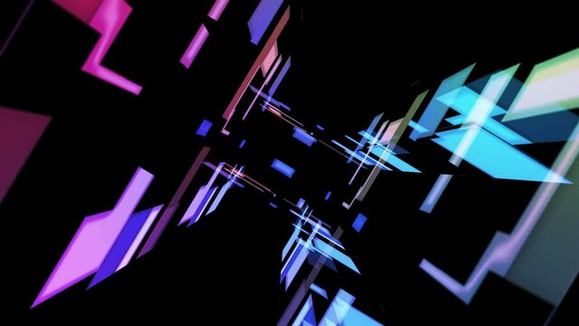 Futuristic cyber landscape with transparent geometric layers and moving structures.