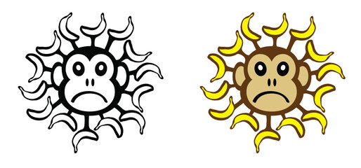 Cartoon monkey virus or monkeypox. The virus belongs to the genus Orthopoxvirus in the family Poxviridae. infectious disease. Ape face with yellow banana. Vector monkey pox symbol or icon