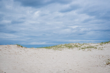 Empty sand dunes and blue sky. Beach background. Relaxing scenic landscape with natural light. 