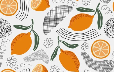 Hand drawn seamless pattern with fresh lemons. Colorful summer wallpaper . Citrus fruits collection. Vector background. Good for printing.