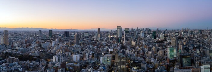 Ultra wide Tokyo Shinjyuku and Shibuya area panoramic view just after sunset.
