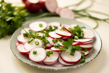 flat lay of salad bowl with daikon, radish and green onions on light wooden table