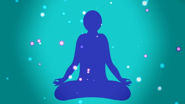 Yoga icon on blue background with floating colourfull circles.