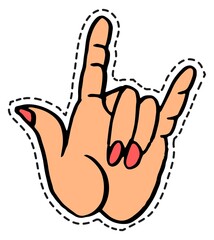 Obraz premium Rock n roll sticker or icon, horn gesture vector