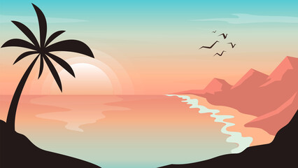 Naklejka na ściany i meble Abstract beach landscape vector background. Sunset wallpaper hills, mountains, coconut tree, sea, ocean with vibrant gradient color. Landscape graphic design for prints, banner, covers, poster.