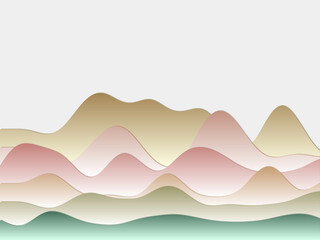 Abstract mountains background. Curved layers in soft green pink brown colors. Papercut style hills. Cool vector illustration.