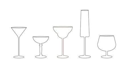 Set of bar glasses in a line art style on a white background.