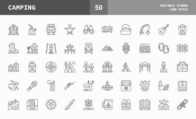 Camping icons set. Line set of vector icons editable stroke and pixel perfect. Can used for digital product, presentation, UI and many more.