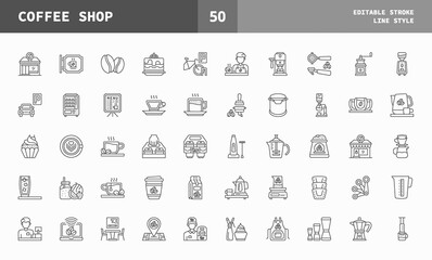 Coffee Shop icons set. Line set of vector icons editable stroke and pixel perfect. Can used for digital product, presentation, UI and many more.