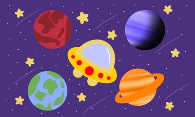 UFO and solar system. Colorful planets, galaxy and universe. dark cosmos, stars, asteroids, and comets. Space cartoon childrens poster. Fantasy starry night dream background. Vector illustration.