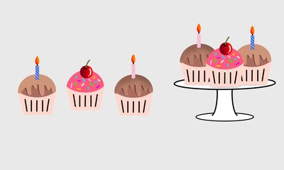 White birthday 1 tier stand with cupcakes and muffins, chocolate & cherry flavor in different topping color. Suitable for menu, cover, card design. set on grey background. illustration.