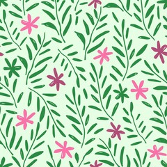 Simple vector floral seamless pattern in rustic style. Small pink flowers, green twigs, leaves on a light background. For printing on textiles, wrapping paper, clothing, bedding, stationery.