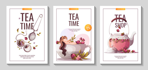 Flyer set with woman, teapot, teacup, strainer. Tea shop, cafe-bar, tea lover, beverages concept. A4 Vector illustration for poster, banner, flyer, menu, advertising.