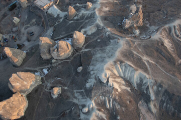 View of the mountains of Cappadocia valley from the height of a hot air balloon flight