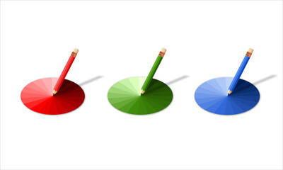 Multicolor pencil set. RGB color. Raund rainbow gradient. Light to dark red green blue
