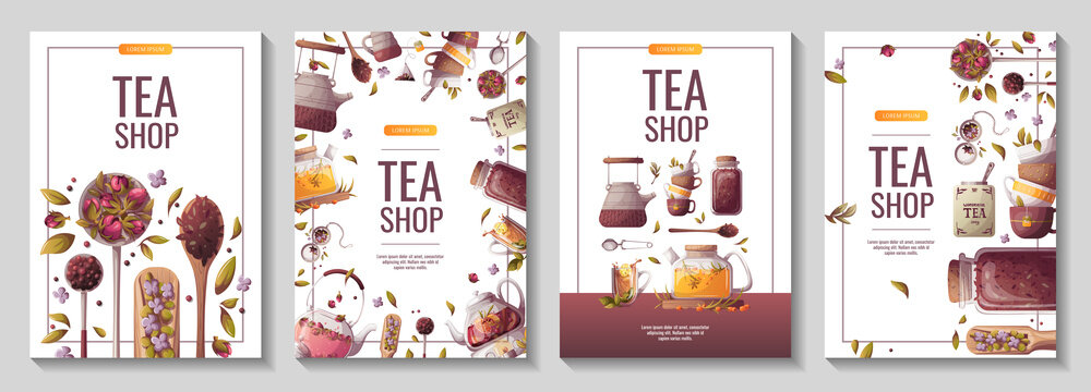 Set of banners with teapots, jar of loose tea, teacups. Tea shop, break, cafe-bar, tea lover, tea party, beverages concept. A4 Vector illustration for poster, banner, flyer, menu, advertising. 