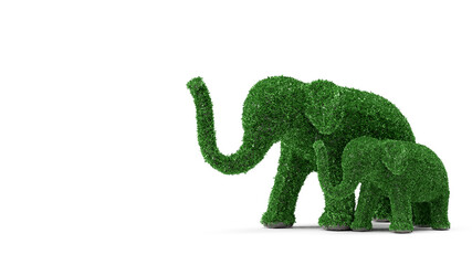 3d render two elephants big and small green plant isolated white bacground