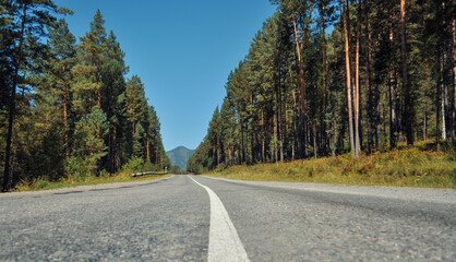 An asphalt road with a white dividing strip was taken from a lower angle. The road is surrounded by beautiful forest and mountains.