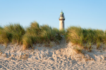 Warnemünde Lighthouse along the dune beach, Rostock, Germany