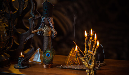 Magical illustration, esoteric concept. Candles and other magical stuff. Wicca and pagan attributes...