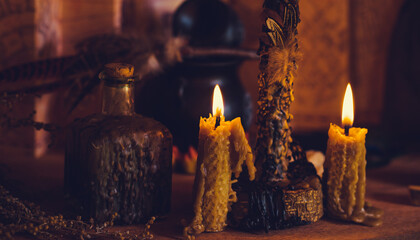 Magical illustration, esoteric concept. Candles and other magical stuff. Wicca and pagan attributes...