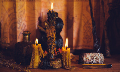 Magical illustration, esoteric concept. Candles and other magical stuff. Wicca and pagan attributes...