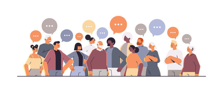 mix race people discussing during meeting chat bubble communication concept horizontal portrait