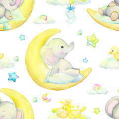 Cute baby elephants, moon, stars, horse, chicken. Watercolor seamless pattern, on an isolated background.