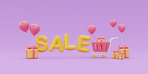 Great discount and sale promotion concept, SALE word with shopping cart, bags and balloon floating, 3d rendering.