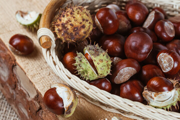 Close up view of Chestnuts in a basket on a wooden background