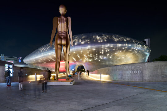 Dongdaemun-gu, Seoul, South Korea - September 2, 2017 : The Nightscape of Dongdaemun Design Plaza (DDP), a modern architecture
